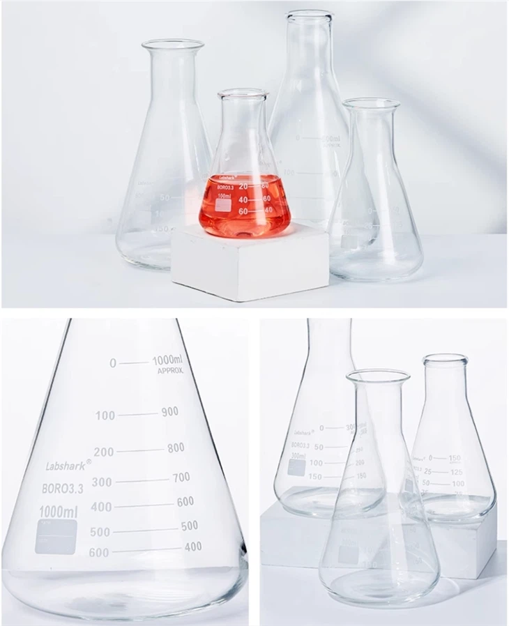BKMAM Hot Sale Laboratory Use Borosilicate Glass 3.3 Narrow Neck Conical Flask Erlenmeyer Flask
